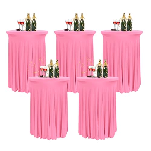 HIOMALY 5pcs Runde Cocktail Tischdecke mit Rock, 60/80cm Spandex Stretch Stehtischhussen für Bistrotisch, High Top Stehtisch Husse für Party Bankett Hochzeit,Pink1,24in/60cm von HIOMALY