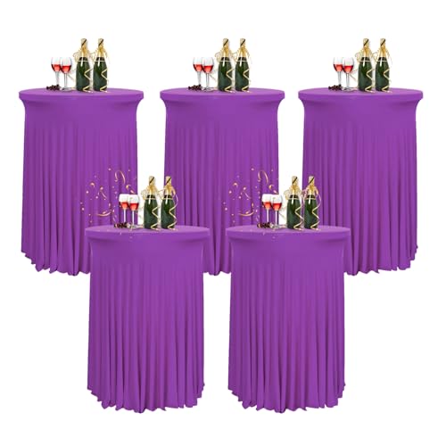 HIOMALY 5pcs Runde Cocktail Tischdecke mit Rock, 60/80cm Spandex Stretch Stehtischhussen für Bistrotisch, High Top Stehtisch Husse für Party Bankett Hochzeit,Purple1,24in/60cm von HIOMALY