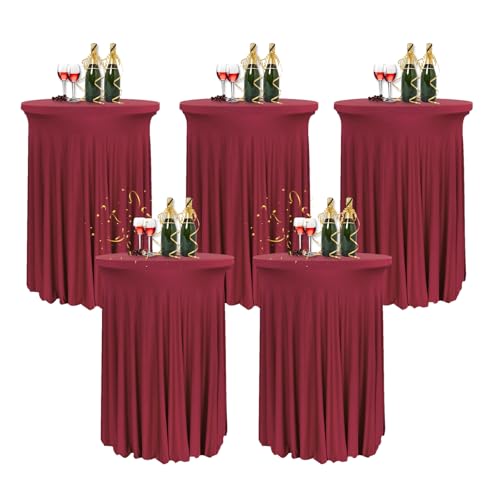 HIOMALY 5pcs Runde Cocktail Tischdecke mit Rock, 60/80cm Spandex Stretch Stehtischhussen für Bistrotisch, High Top Stehtisch Husse für Party Bankett Hochzeit,Red2,24in/60cm von HIOMALY