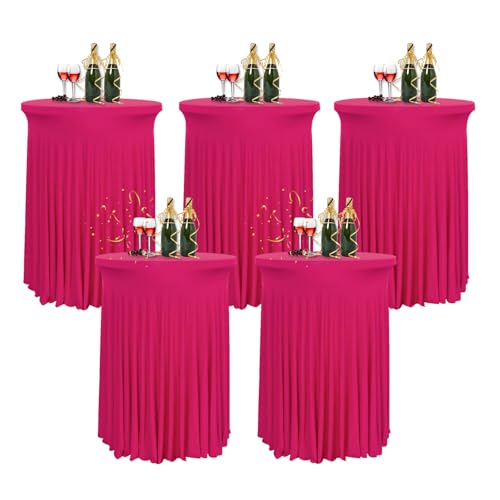 HIOMALY 5pcs Runde Cocktail Tischdecke mit Rock, 60/80cm Spandex Stretch Stehtischhussen für Bistrotisch, High Top Stehtisch Husse für Party Bankett Hochzeit,Rose red,32in/80cm von HIOMALY