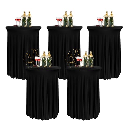 HIOMALY 5pcs Runde Cocktail Tischdecke mit Rock, 60/80cm Spandex Stretch Stehtischhussen für Bistrotisch, High Top Stehtisch Husse für Party Bankett Hochzeit,Schwarz,24in/60cm von HIOMALY