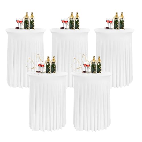 HIOMALY 5pcs Runde Cocktail Tischdecke mit Rock, 60/80cm Spandex Stretch Stehtischhussen für Bistrotisch, High Top Stehtisch Husse für Party Bankett Hochzeit,Weiß,24in/60cm von HIOMALY