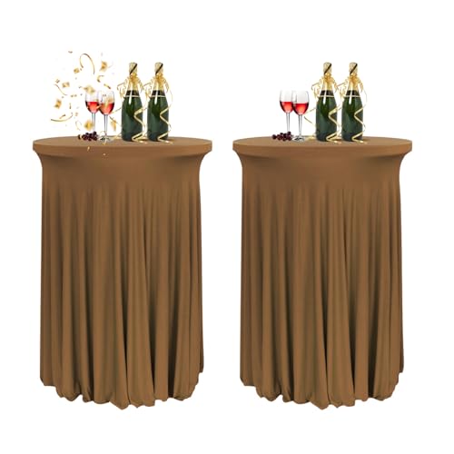 HIOMALY 80 * 110cm Runde Cocktail Tischdecke mit Rock, Stretch Stehtisch Husse für Bistrotisch, Spandex Cocktail Tischrock für Party Bankett Hochzeit Geburtstag,Braun,2pcs von HIOMALY