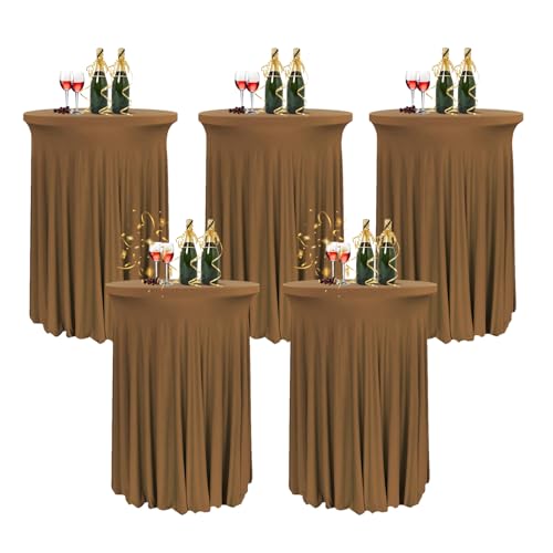 HIOMALY 80 * 110cm Runde Cocktail Tischdecke mit Rock, Stretch Stehtisch Husse für Bistrotisch, Spandex Cocktail Tischrock für Party Bankett Hochzeit Geburtstag,Braun,5pcs von HIOMALY