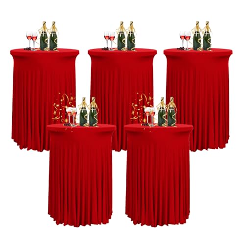 HIOMALY 80 * 110cm Runde Cocktail Tischdecke mit Rock, Stretch Stehtisch Husse für Bistrotisch, Spandex Cocktail Tischrock für Party Bankett Hochzeit Geburtstag,Burgundy,5pcs von HIOMALY