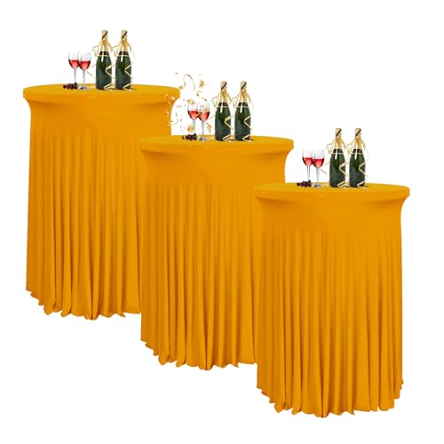 HIOMALY 80 * 110cm Runde Cocktail Tischdecke mit Rock, Stretch Stehtisch Husse für Bistrotisch, Spandex Cocktail Tischrock für Party Bankett Hochzeit Geburtstag,Gold,3pcs von HIOMALY