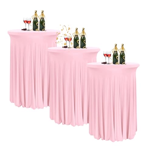 HIOMALY 80 * 110cm Runde Cocktail Tischdecke mit Rock, Stretch Stehtisch Husse für Bistrotisch, Spandex Cocktail Tischrock für Party Bankett Hochzeit Geburtstag,Pink2,3pcs von HIOMALY