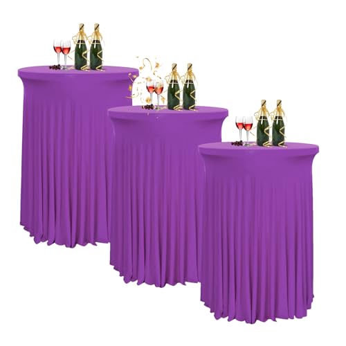 HIOMALY 80 * 110cm Runde Cocktail Tischdecke mit Rock, Stretch Stehtisch Husse für Bistrotisch, Spandex Cocktail Tischrock für Party Bankett Hochzeit Geburtstag,Purple1,3pcs von HIOMALY