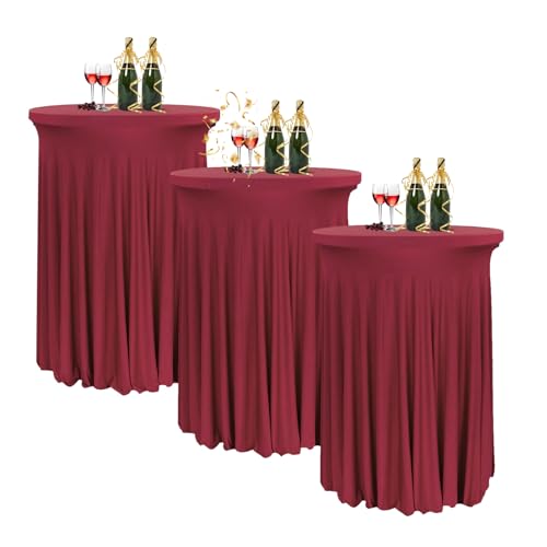 HIOMALY 80 * 110cm Runde Cocktail Tischdecke mit Rock, Stretch Stehtisch Husse für Bistrotisch, Spandex Cocktail Tischrock für Party Bankett Hochzeit Geburtstag,Red2,3pcs von HIOMALY