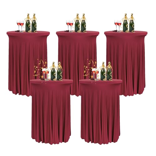 HIOMALY 80 * 110cm Runde Cocktail Tischdecke mit Rock, Stretch Stehtisch Husse für Bistrotisch, Spandex Cocktail Tischrock für Party Bankett Hochzeit Geburtstag,Red2,5pcs von HIOMALY