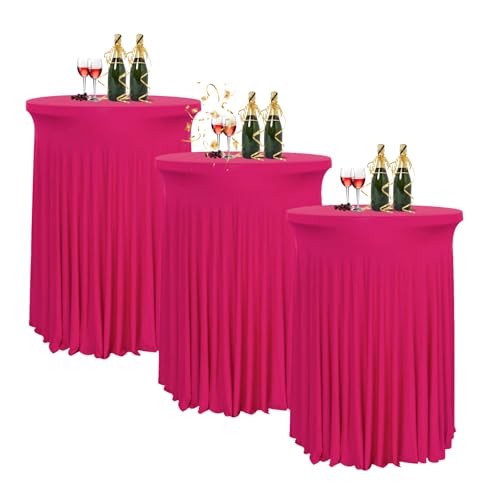 HIOMALY 80 * 110cm Runde Cocktail Tischdecke mit Rock, Stretch Stehtisch Husse für Bistrotisch, Spandex Cocktail Tischrock für Party Bankett Hochzeit Geburtstag,Rose red,3pcs von HIOMALY