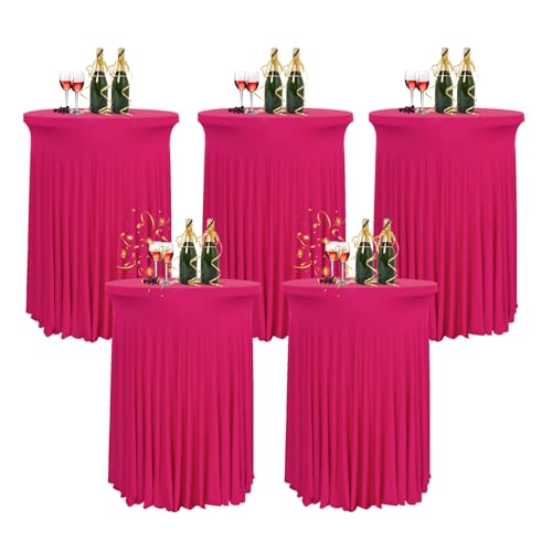 HIOMALY 80 * 110cm Runde Cocktail Tischdecke mit Rock, Stretch Stehtisch Husse für Bistrotisch, Spandex Cocktail Tischrock für Party Bankett Hochzeit Geburtstag,Rose red,5pcs von HIOMALY