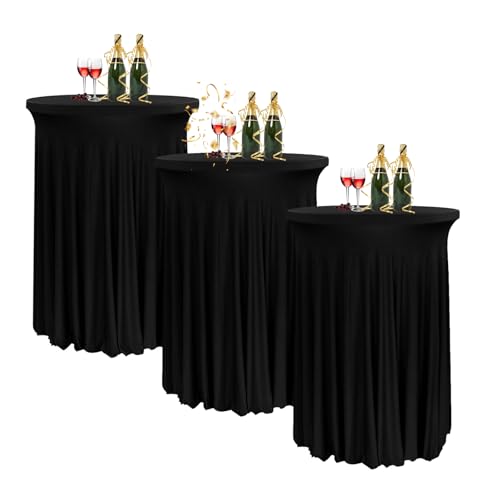 HIOMALY 80 * 110cm Runde Cocktail Tischdecke mit Rock, Stretch Stehtisch Husse für Bistrotisch, Spandex Cocktail Tischrock für Party Bankett Hochzeit Geburtstag,Schwarz,3pcs von HIOMALY