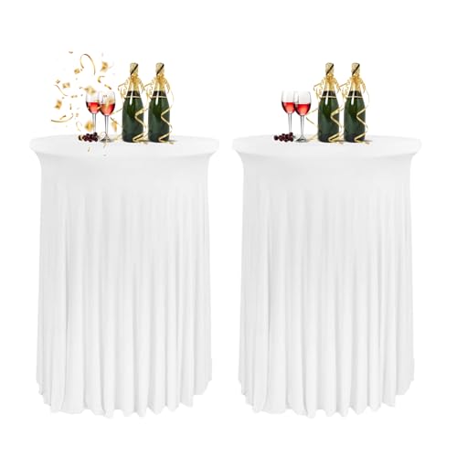 HIOMALY 80 * 110cm Runde Cocktail Tischdecke mit Rock, Stretch Stehtisch Husse für Bistrotisch, Spandex Cocktail Tischrock für Party Bankett Hochzeit Geburtstag,Weiß,2pcs von HIOMALY