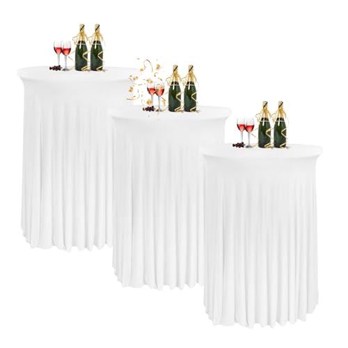 HIOMALY 80 * 110cm Runde Cocktail Tischdecke mit Rock, Stretch Stehtisch Husse für Bistrotisch, Spandex Cocktail Tischrock für Party Bankett Hochzeit Geburtstag,Weiß,3pcs von HIOMALY