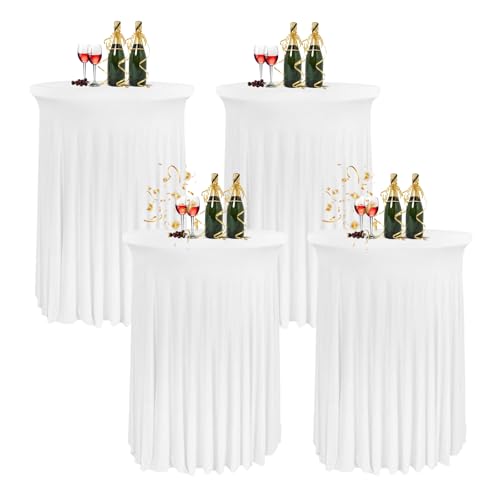 HIOMALY 80 * 110cm Runde Cocktail Tischdecke mit Rock, Stretch Stehtisch Husse für Bistrotisch, Spandex Cocktail Tischrock für Party Bankett Hochzeit Geburtstag,Weiß,4pcs von HIOMALY