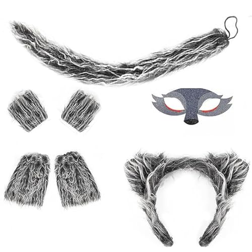 HIOPOIUYT Elegantes Wolfs-Stirnbänder und -schwanz-Set für Kinder, Accessoire für Halloween, Dekoration und Geburtstagsparty-Kostüme von HIOPOIUYT