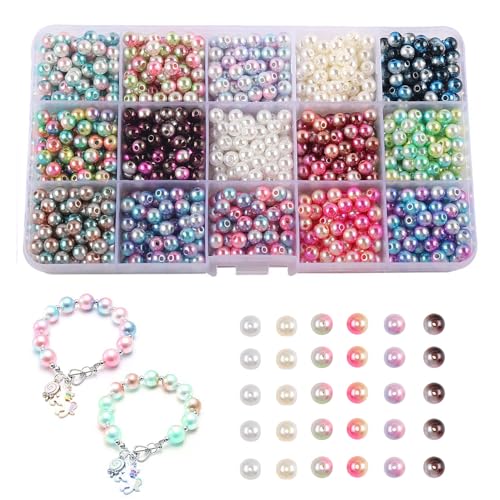 HIOQFR 1200 Stück Perlen zum Auffädeln Rund Bastelperlen Bunt Klein Schmuckperlen für Armbänder 6mm Acryl Beads For Jewellery Making Pearls Edelstein Perlen mit Loch Fädelperlen Wachsperlen Basteln von HIOQFR