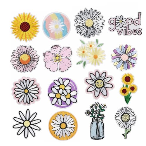 HIOQFR 16pcs Gänseblümchen Blumen Patches zum AufbüGeln Bestickte Aufnäher Iron On Patches Flowers Aufbügelbilder für Textilien Bügelsticker Stoff Bügelaufkleber Kleidung Applikationen Bügelflicke von HIOQFR