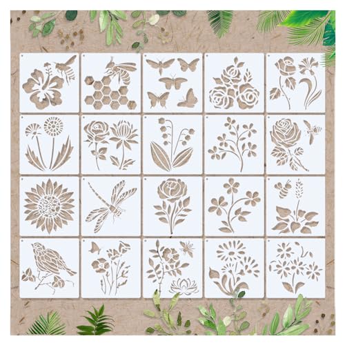 HIOQFR 20 Stück Blattmalerei Schablonen Malen Stencil Schablonen Blumen Kunst Schablonen Zeichnung Set Malschablonen Wandgestaltung Zeichenschablonen Muster Wiederverwendbare Malvorlagen für DIY von HIOQFR