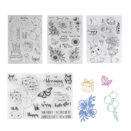 HIOQFR 4 Blätter Silikon Stempelset Vintage Silikonstempel Blumen Frühling Stempel Geburtstag Clear Stamp Easter Scrapbooking-Stempel Ostern Motive Stempel Blätter Sprüche Stempel Hochzeit für DIY von HIOQFR