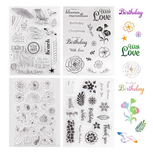 HIOQFR 4 Blätter Silikonstempel Set Clear Stamps Blumen Geburtstag Stempel Frühling Scrapbooking-Stempel Blätter Acrylstempel Vintage Motive Stempelset Hochzeit Sprüche Stempel Herzlichen Glückwunsch von HIOQFR