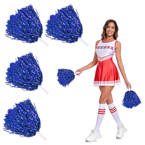 HIOQFR 4 Stück Cheerleader Pompons Blau Pom Poms Cheerleading Puschel Metallisch Pompoms Cheerleading Sports Games Team Schön Cheerleader Poms Hand Blumen Cheerleader Tanzwedel für Sport Wettbewerb von HIOQFR