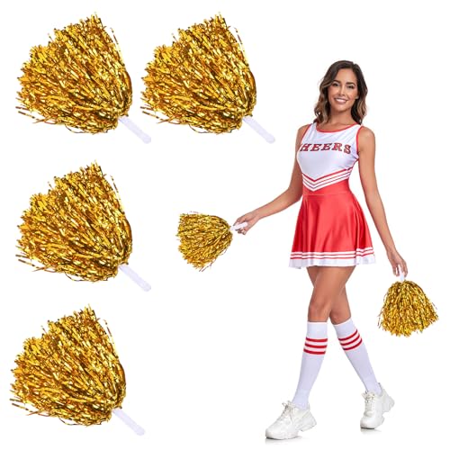 HIOQFR 4 Stück Cheerleader Pompons Gold Pom Poms Cheerleading Puschel Metallisch Pompoms Cheerleading Sports Games Team Schön Cheerleader Poms Hand Blumen Cheerleader Tanzwedel für Sport Wettbewerb von HIOQFR