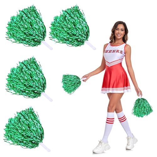 HIOQFR 4 Stück Cheerleader Pompons Grün Pom Poms Cheerleading Puschel Metallisch Pompoms Cheerleading Sports Games Team Schön Cheerleader Poms Hand Blumen Cheerleader Tanzwedel für Sport Wettbewerb von HIOQFR