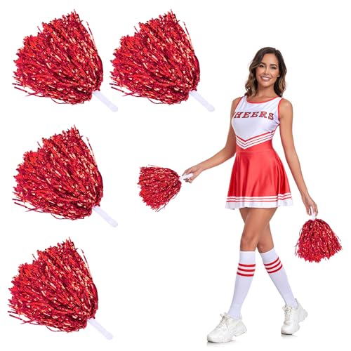 HIOQFR 4 Stück Cheerleader Pompons Rot Pom Poms Cheerleading Puschel Metallisch Pompoms Cheerleading Sports Games Team Schön Cheerleader Poms Hand Blumen Cheerleader Tanzwedel für Sport Wettbewerb von HIOQFR