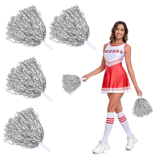 HIOQFR 4 Stück Cheerleader Pompons Silber Pom Poms Cheerleading Puschel Metallisch Pompoms Cheerleading Sports Games Team Schön Cheerleader Poms Hand Blumen Cheerleader Tanzwedel für Sport Wettbewerb von HIOQFR