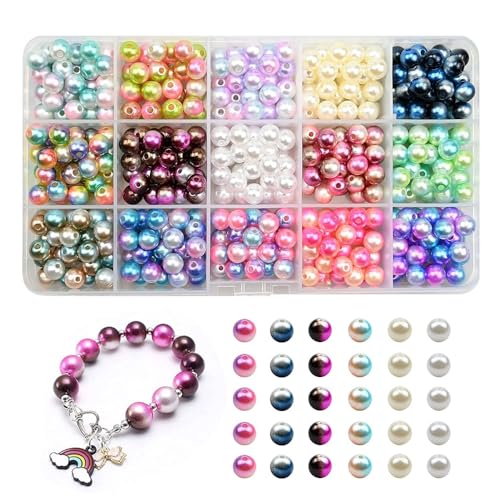 HIOQFR 450 Stück Perlen zum Auffädeln Rund Bastelperlen Bunt Klein Schmuckperlen für Armbänder 8mm Acryl Beads For Jewellery Making Pearls Edelstein Perlen mit Loch Fädelperlen Wachsperlen Basteln von HIOQFR