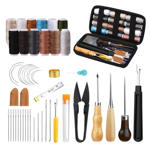 HIOQFR 49pcs Leder Nähset Profi Leder Nähen Werkzeuge Ledernadeln Hand Set Nähahle Leder Nähwerkzeuge Nadel und Faden Set Leather Sewing Kit NäHgarn Leder Nähnadeln für DIY Lederhandwerk Ledernähset von HIOQFR