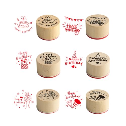 HIOQFR 6 Stück Mini Holzstempel Set Vintage Stempel Danke Stempel Holz Rund Holzstempel zum Basteln Motivstempel Klein Stempel Happy Birthday Glückwunsch Stempel Sprüche für Scrapbooking,Karten von HIOQFR