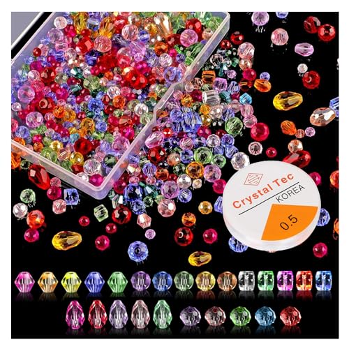 HIOQFR 600pcs Facettierte Glasperlen zum Auffädeln Perlen Glas Facettiert Perlen zum Auffädeln Kristall Perlen Beads Bunt mit Kunststoff-Box Stretch-Linie 4mm,6mm,8mm Glitzerperlen Armbänder,Ketten von HIOQFR