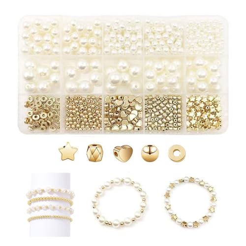 HIOQFR 720 Stück Weiße Perlen zum Auffädeln Kit DIY Armband Set Selber Machen Schmuckherstellung Perlen Set Armbänder Distanzperlen Goldene Perlenketten Set zum Selbermachen Bastel Perlenschmuck von HIOQFR