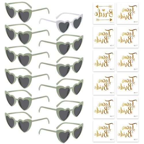 Partybrille Herz Sonnenbrille,12 Bride to Be Herz Sonnenbrille und 12 Team Bride Tattoo Aufkleber,Party Sonnenbrille Team Bride,Hippie Herzförmige Brille,JGA Partybrillen und JGA Deko Accessoires von HIQE-FL