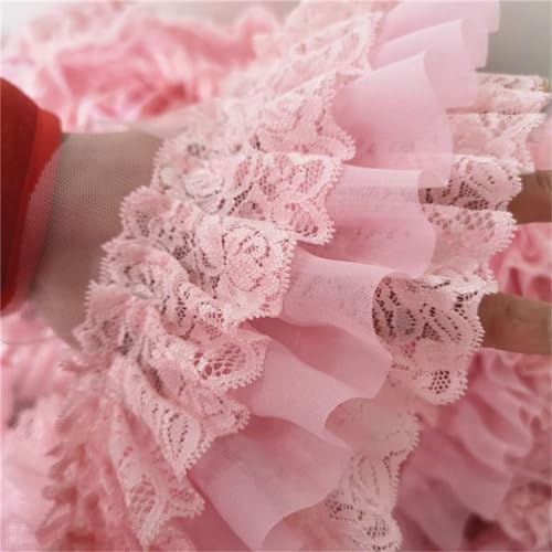 HIQIU 100CM Spitzenborte Rosa Chiffon rüschenband Spitze Trim 3 Schicht Plissiert spitzenband DIY Nähen kleid Kleidungsborte Trim Dekor 3.94''Breite von HIQIU