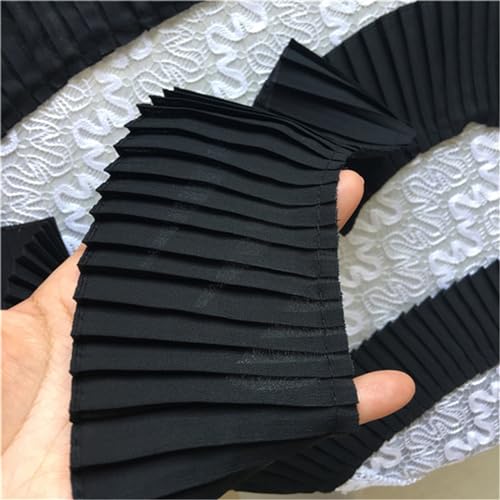 HIQIU 3 Yards 3D Plissee Spitze borte Trim Spitzenstoff Chiffon Rüschen Kleid Rock Saum Stoff Vorhänge Nähen Rand Trim Dekor ca. 8cm Breite (Schwarz) von HIQIU