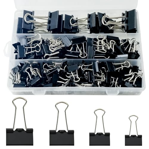 170 Stück Foldback Klammern Set, 15mm/19mm/25mm/32mm Schwarz Binder Clips Büroklammern, Vielzweckklammern Dokumenten Clips, MetallKlammern Papierklammern für Schule Bürobedarf Briefpapier Notizen von HIQU and HIST