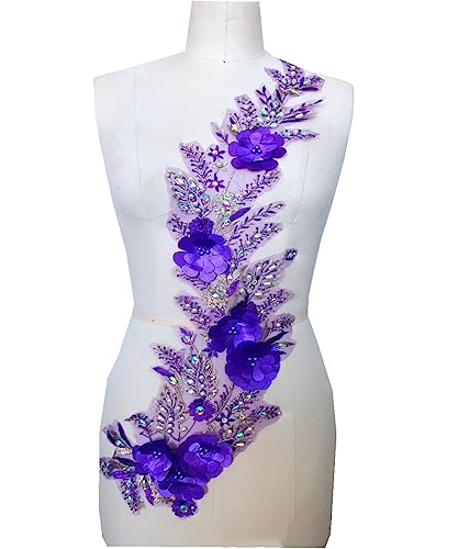 66 * 22cm 3D Dreidimensionale Blumenstickerei Lila Spitze Patches Perlen Strass Applikationen für Hochzeitskleid von HIROYI