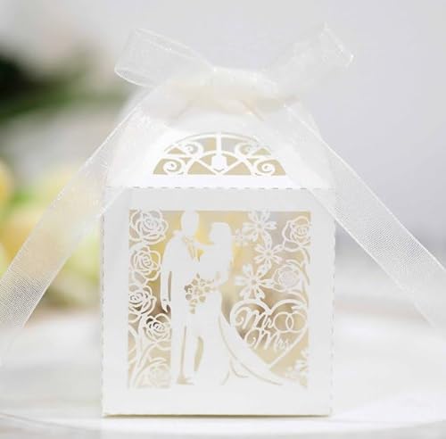 HIROYI 50/100/200 Stück Hochzeit Bräutigam Braut Geschenkboxen Bänder Party für Gäste Süßigkeiten Verpackung Kleine Schokoladenschachtel von HIROYI