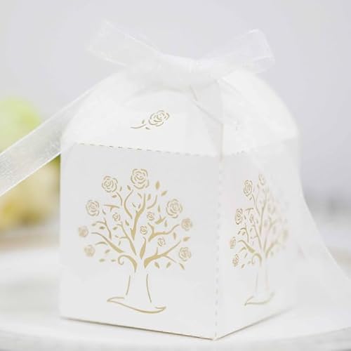 HIROYI 50/100 Stücke Rose Lebensbaum Pralinenschachtel Spitze Liebe Hochzeit Gunsten Geschenkbox Mit Band Geburtstag Festival Party Supplies von HIROYI