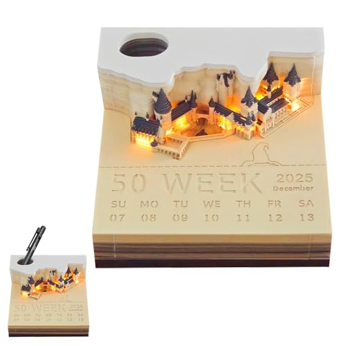 HIULLEN 3D-Notizblock, 3D kalender Abreißen 2025, Tischkalender-Notizblock mit Licht und Stifthalter, Magic Castle-Wochenkalender for Christmas Desktop-Ornament, Papierskulptur, Geschenk von HIULLEN