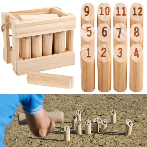 HIULLEN Kubb Wikingerspiel, Original Wikinger Spiel, Finnisches Wurfspiel, Holzspiel Wikinger Schach mit 12 Holznummer & Wurfzylinder, Wikinger Wurfspiel Set für Kinder Erwachsene Outdoor Spiele von HIULLEN