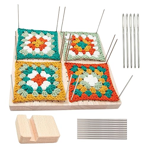 HIULLEN Sperrbrett Für Granny Square, Wooden Blocking Board Häkeln, 23 * 23cm Sperrbrett Häkeln Holz, Crochet Blockierbretter Kit mit 10 Edelstahl-Stabstiften & 5Nadeln Häkeln Für Nähen Stricken DIY von HIULLEN