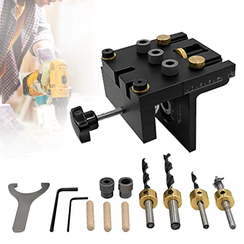 HIUYRFS Dowel Jig Kit mit 6/8/10/15 mm Bohrer Pocket Hole JigLocher mit Positionierungsclip, Verstellbarer Bohrerführung, Puncher-Locator, für DIY, Tischlerei, Möbel von HIUYRFS