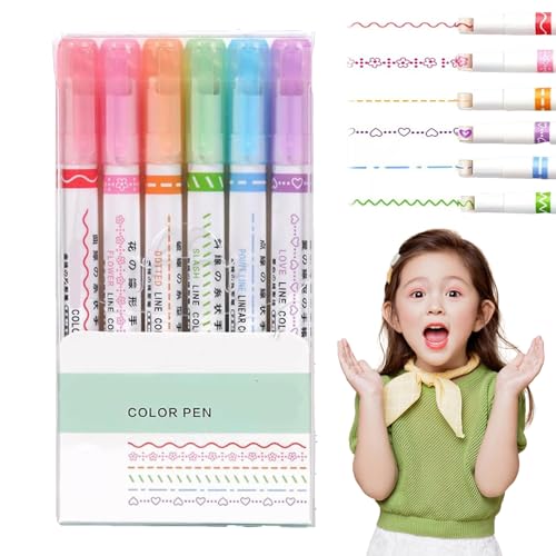 HItianya Magic Border Pen, Gracegrip Magic Border Pens, Farbige Curve Pens Curve Textmarker-Set, 6 Farbige Curve Pens Textmarker Marker zum Zeichnen, Notizen machen und Hervorheben (1set) von HItianya