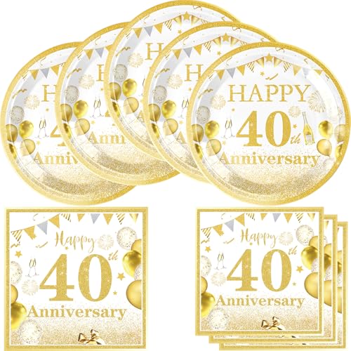 HJFZLY Partyzubehör zum 40. Hochzeitstag, goldene Geburtstagsdekorationen, 40. Geburtstag, Partygeschirr, Teller, Servietten-Set für Cheers bis 40 Jahre Hochzeitstag, Partyzubehör, Gastgeschenke, 40 von HJFZLY