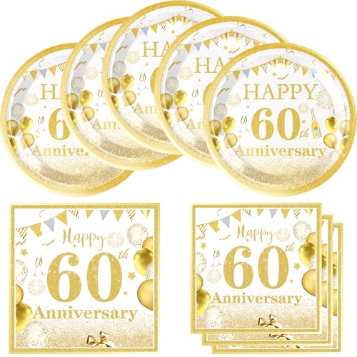 HJFZLY Partyzubehör zum 60. Hochzeitstag, goldene Geburtstagsdekorationen, Partygeschirr zum 60. Geburtstag, Partygeschirr, Teller, Servietten-Set für Cheers bis 60 Jahre Hochzeitstag, Partyzubehör, von HJFZLY